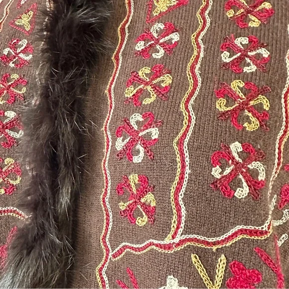Bohemian Boho L Sweater Cardigan Shacket Merino Wool Rabbit Fut Brown Red Gold - Picture 8 of 16